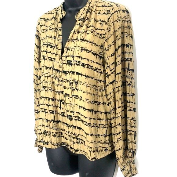 Maeve Anthropologie Striped Pattern Print Half Button Down Blouse Tan Black XS - Picture 4 of 12